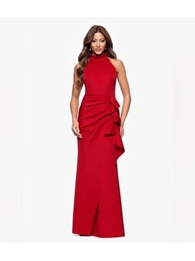 Xscape Red Halter Neck Ruffle Draped Gown SZ 14 NWT Formal Evening GALA MOB NYE